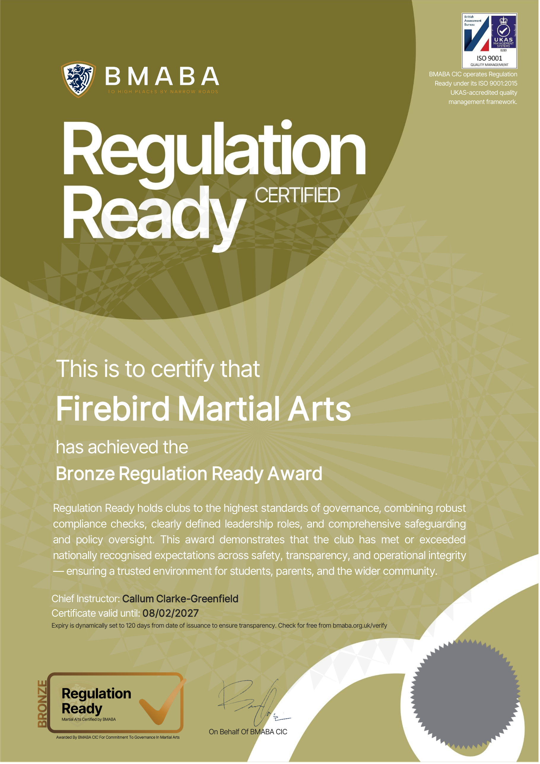 BMABA Regulation Ready certificate confirming that Firebird Martial Arts has achieved the Bronze Regulation Ready Award, valid until 08/02/2027