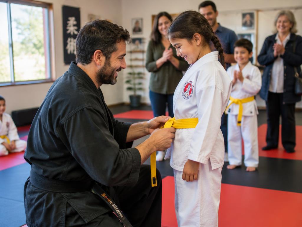 An instructor helping a young martial arts student with her belt, with families gathered nearby